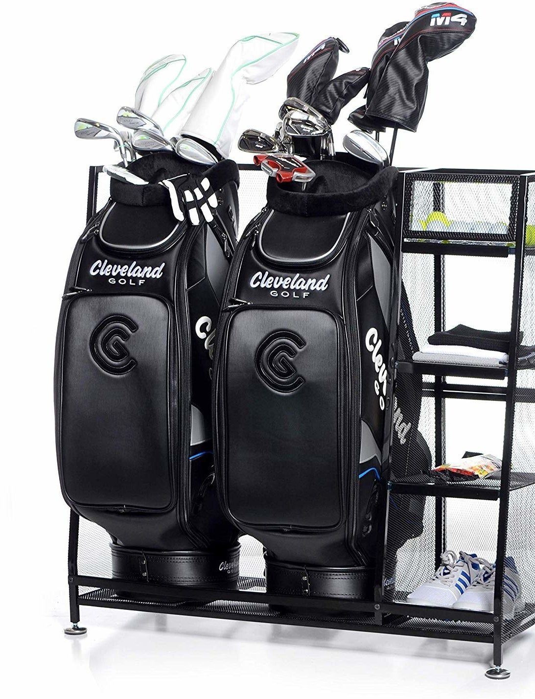 rack storing two full golf bags full of equipment, plus four shelves storing shoes, balls, or extra items