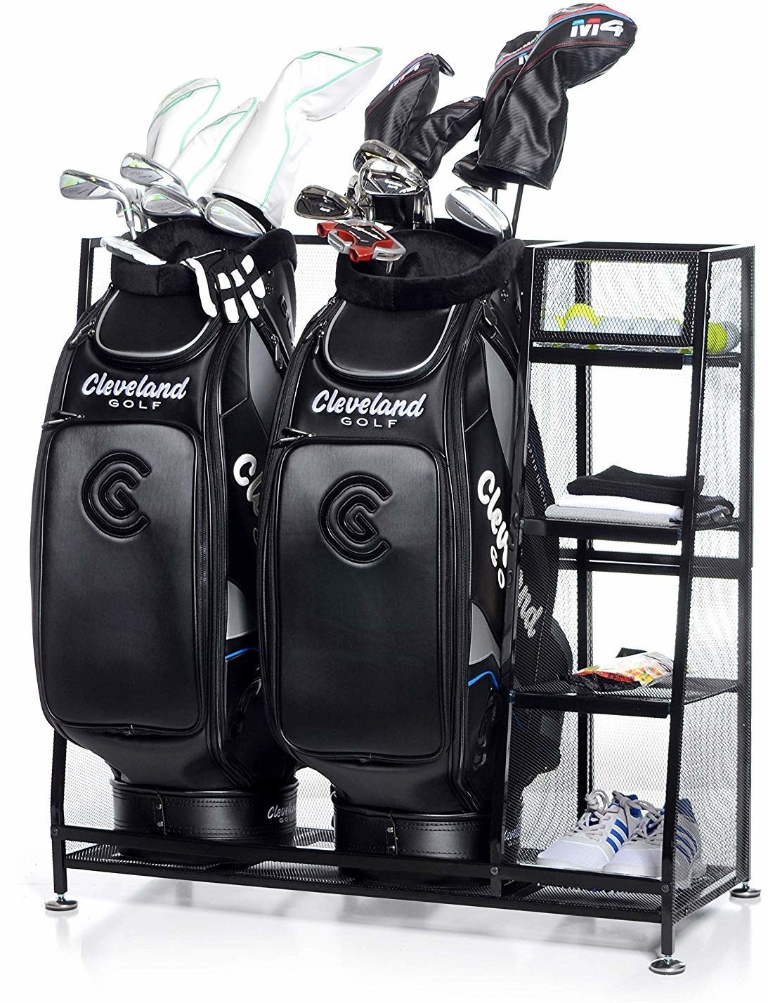 rack storing two full golf bags full of equipment, plus four shelves storing shoes, balls, or extra items