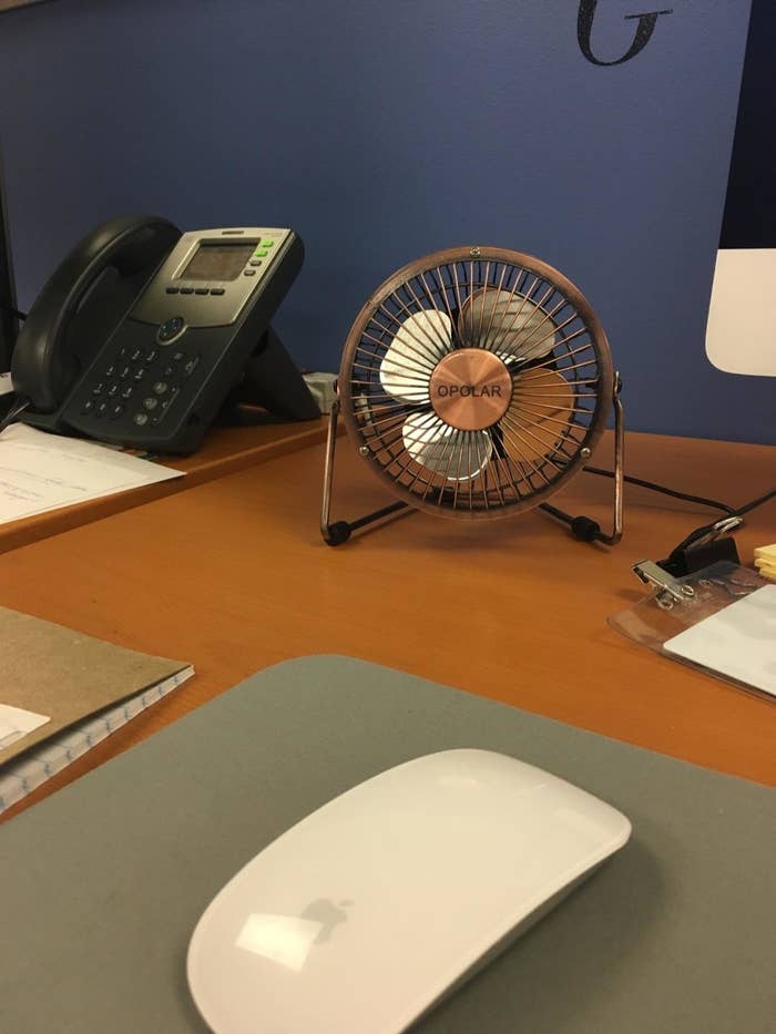 Reviewer image of mini brown fan on a desk 