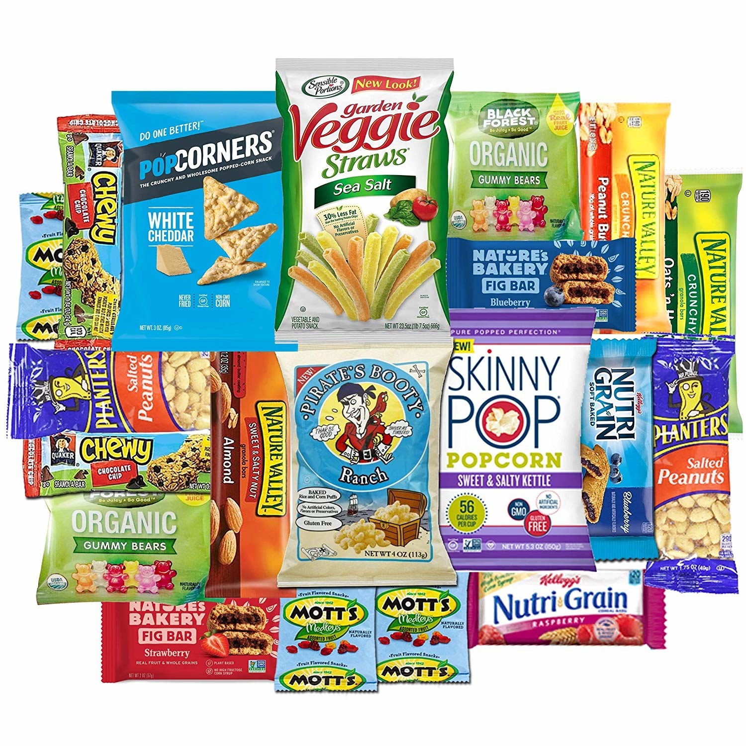 As assortment of granola bars, popcorn, nuts, and other snacks 