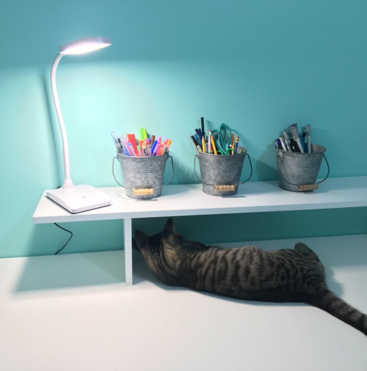 Reviewer picture of the white desk lamp with a sloped bending stand on a desk