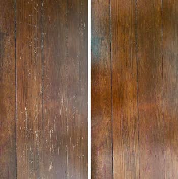 Review before-and-after with scratches on floor cleared up with markers 