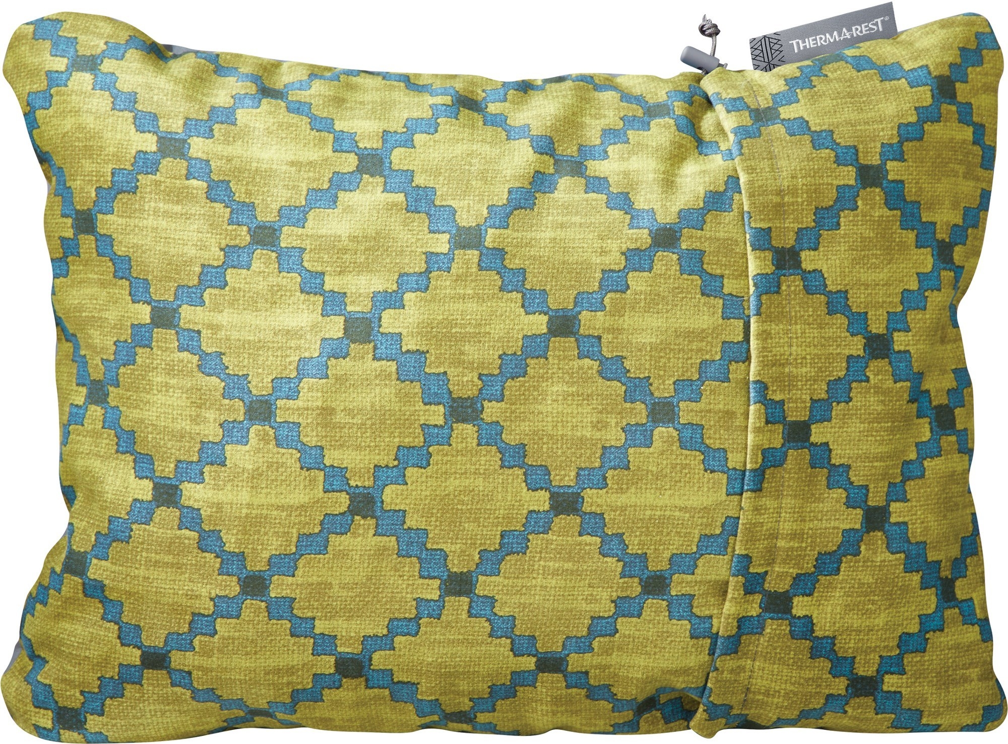 small green and blue patterned pillow