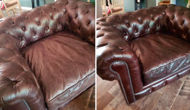 a before and after photo set displaying a reviewer's couch after being treated with the leather conditioner