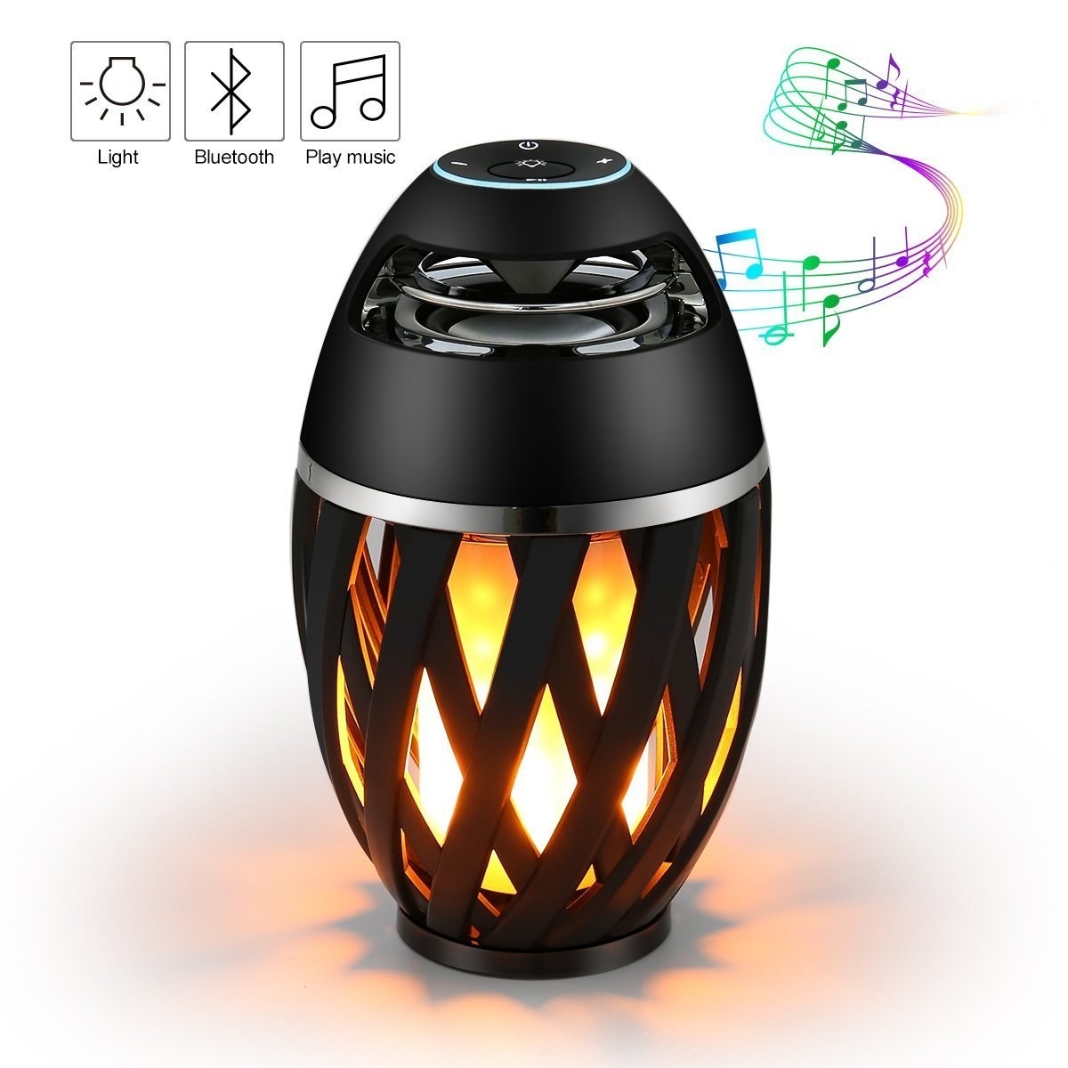 A black bluetooth speaker with its lamp setting turned on. It's shown playing musical notes