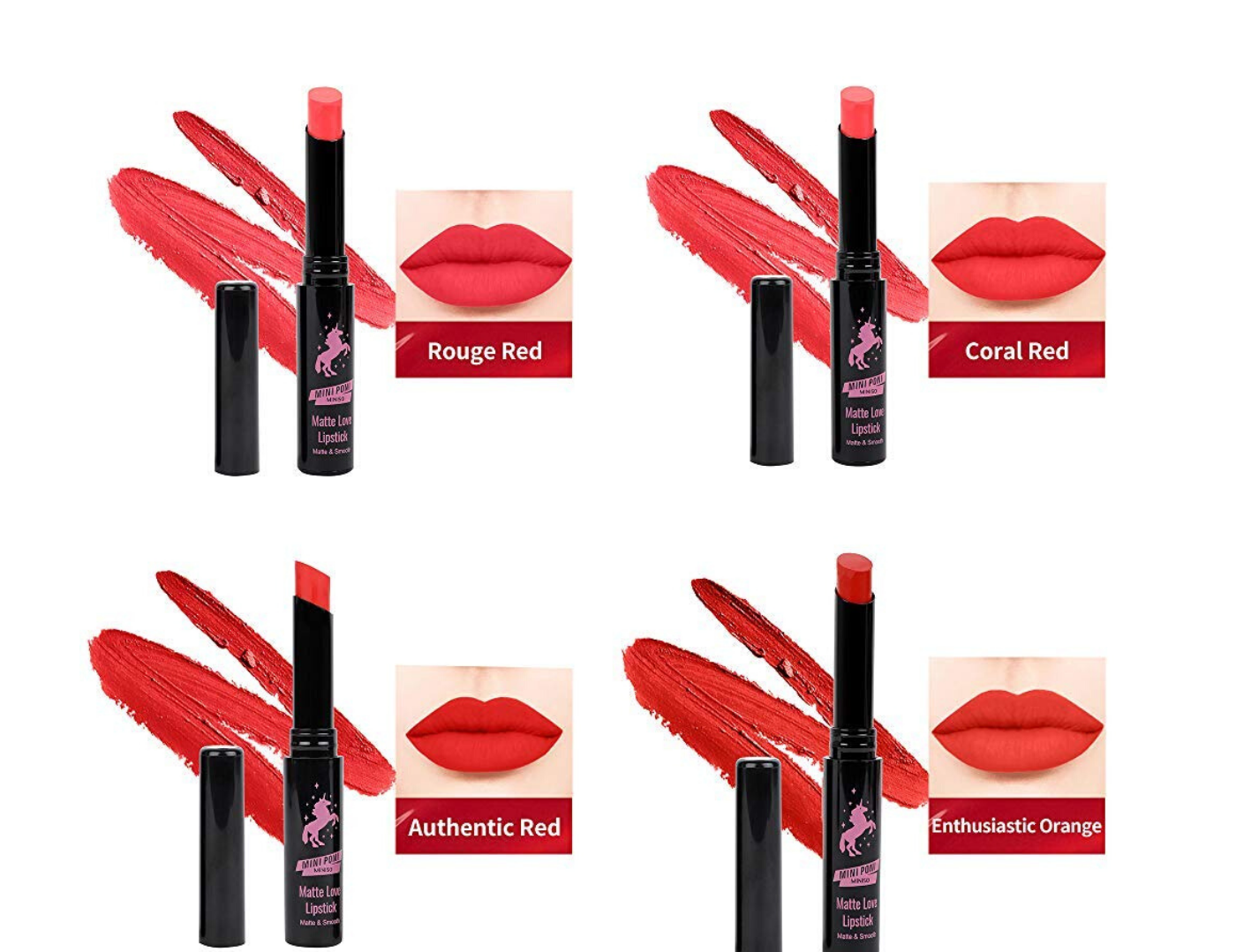 The shades &#x27;Rouge Red&#x27;, &#x27;Coral Red&#x27;, &#x27;Authentic Red&#x27; and &#x27;Enthusiastic Red&#x27;