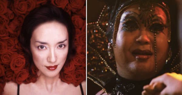 A woman surrounded by red roses, and another person wearing masquerade headwear