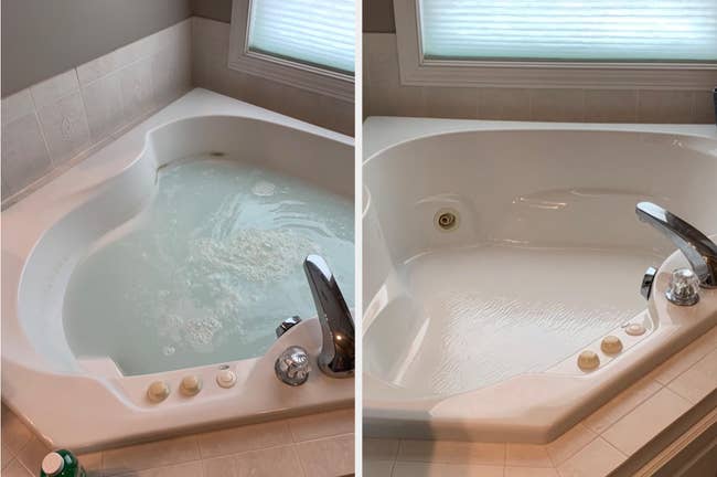 A reviewer's jetted tub with hard water stains full of water and soap and an after of the hard water stains gone from the tub 