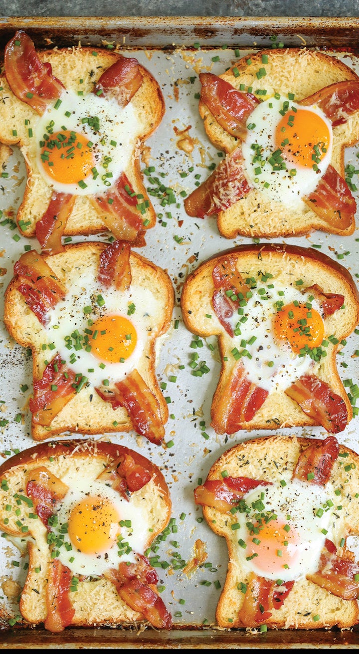 Egg in a hole on toast with bacon.
