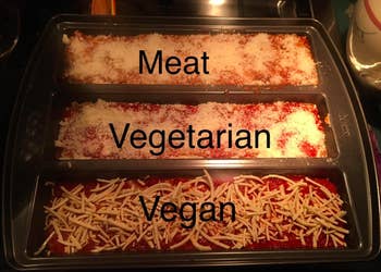 reviewer image showing the pan with a met, vegetarian, and vegan lasagna at once