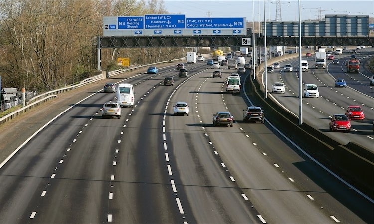 An unusually quiet M25 motorway during the Monday morning rush hour near Heathrow Airport.