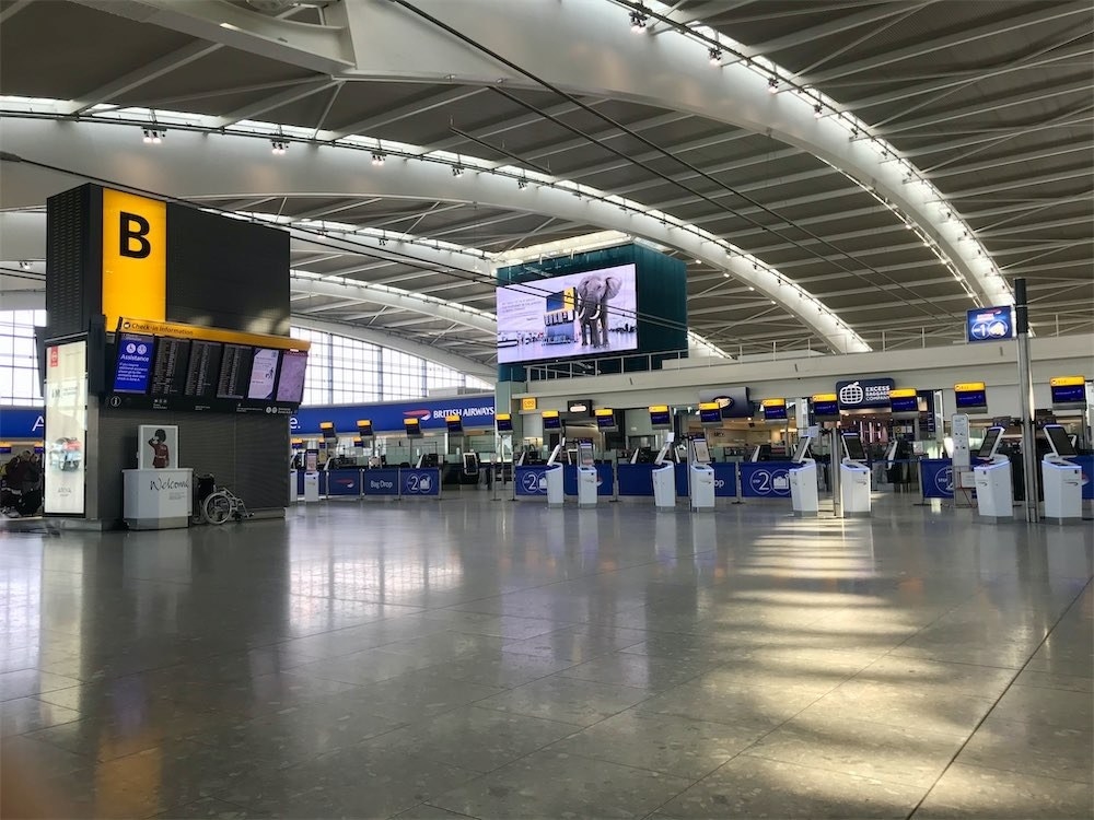 Heathrow Airport&#x27;s Terminal 5 departure area is almost empty on March 12.