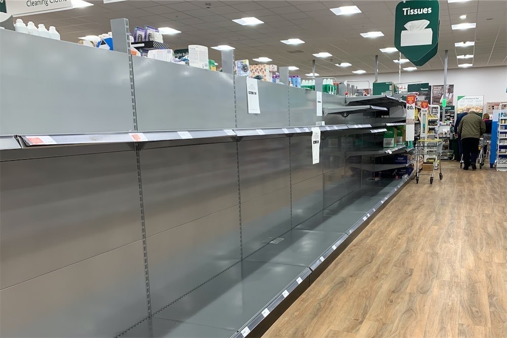 Empty shelves in a store in London as shoppers stockpile basic consumer goods for fears of a potential quarantine.