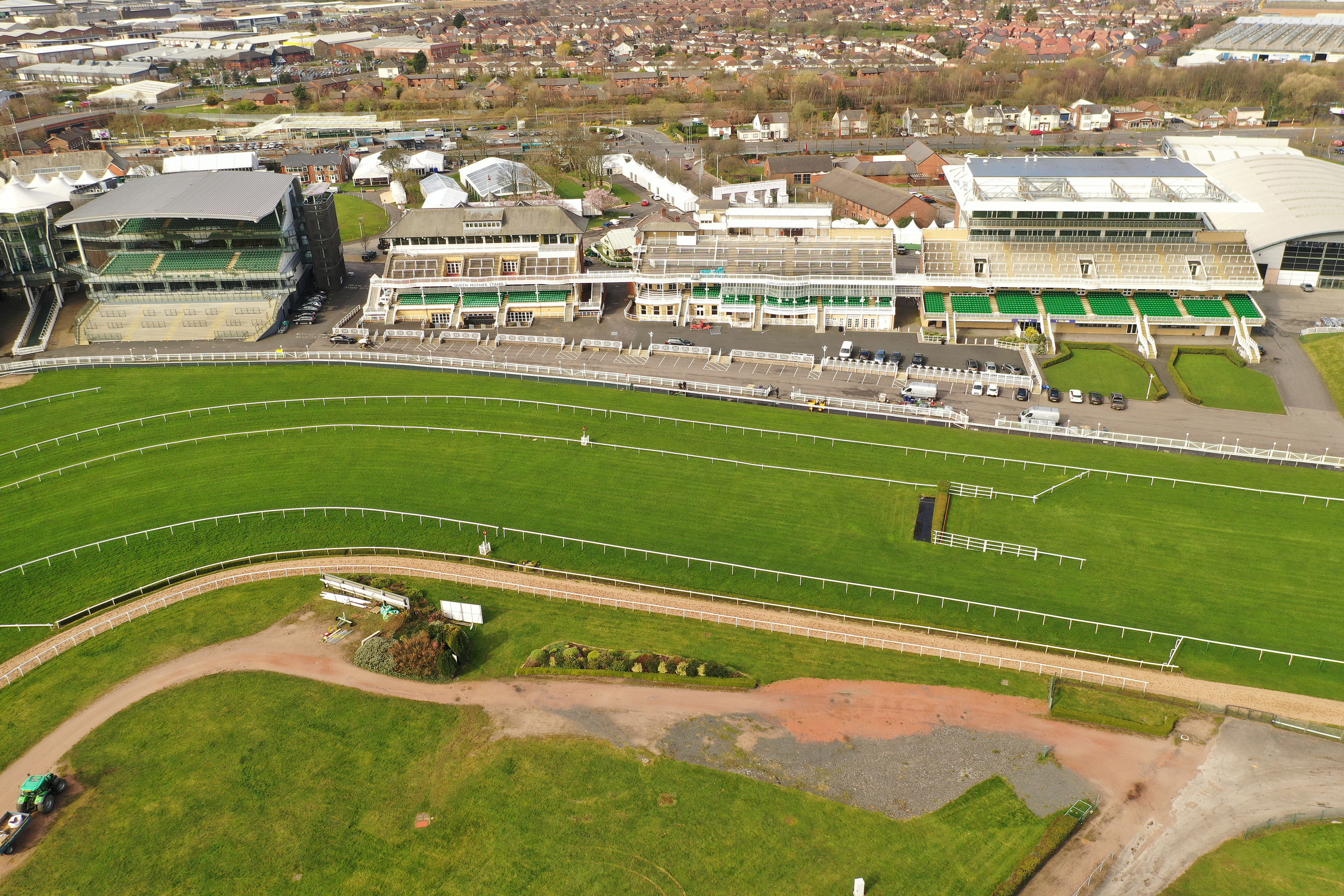 An aerial view of Aintree Racecourse after the annual Grand National horse racing event was cancelled on March 17.