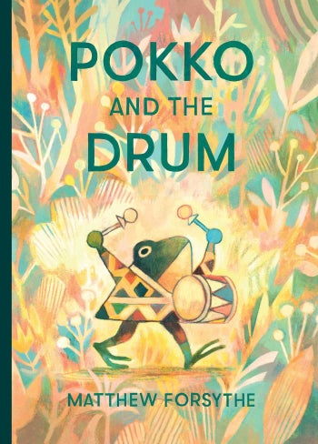 cover of book with illustration of frog in clothes using a drum 