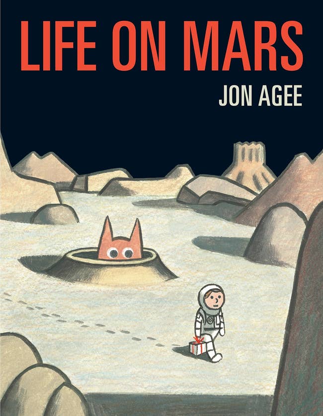 book cover with space alien hiding from an astronaut holding a present 