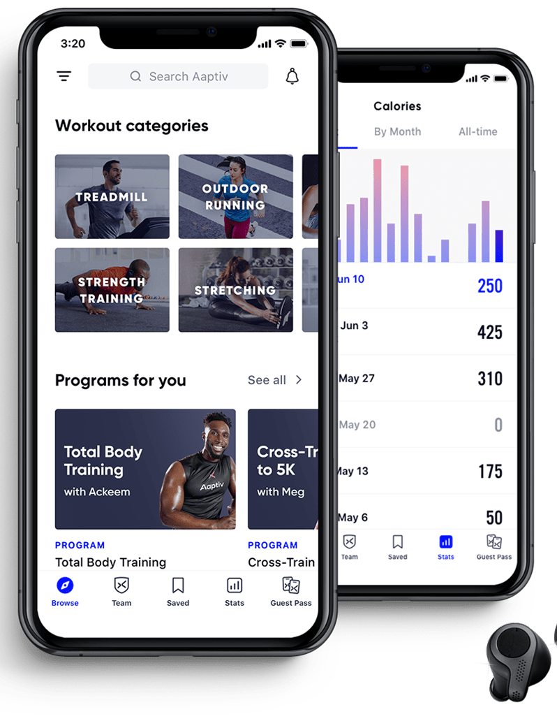 The home screen of Aaptiv, with workout categories to choose from and &quot;programs for you&quot; that you can choose base off of fitness goals, as well as a secondary screen showing a how many calories you&#x27;ve burned each day