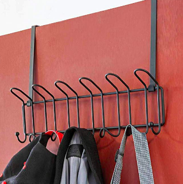 Over-the-door hook rack with jackets and bags