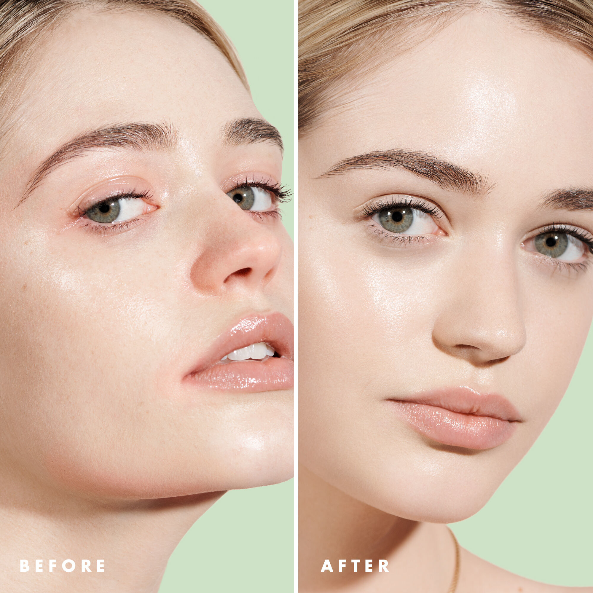 model before and after of their face with texture and redness and their neutralized tone from using the primer