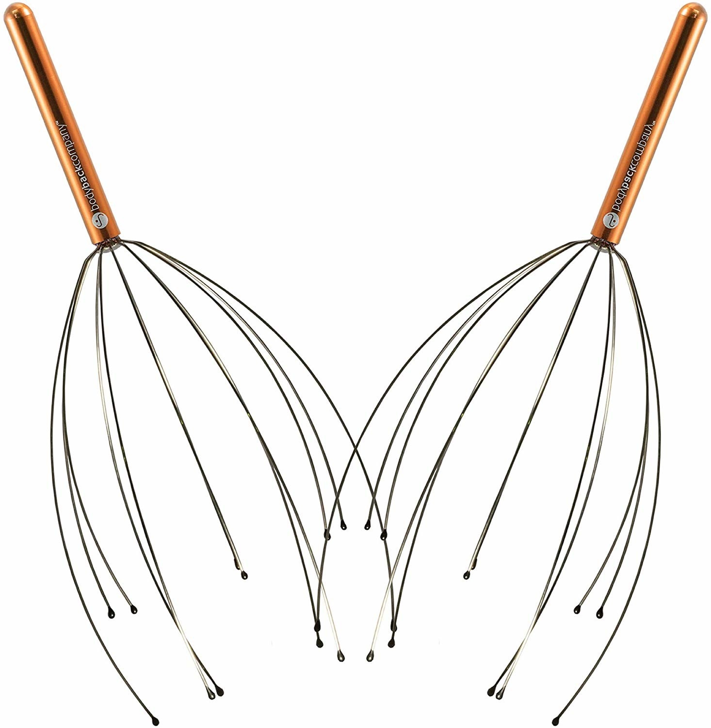 two head massagers with a handle on top, curved wires, and acrylic beads on the end