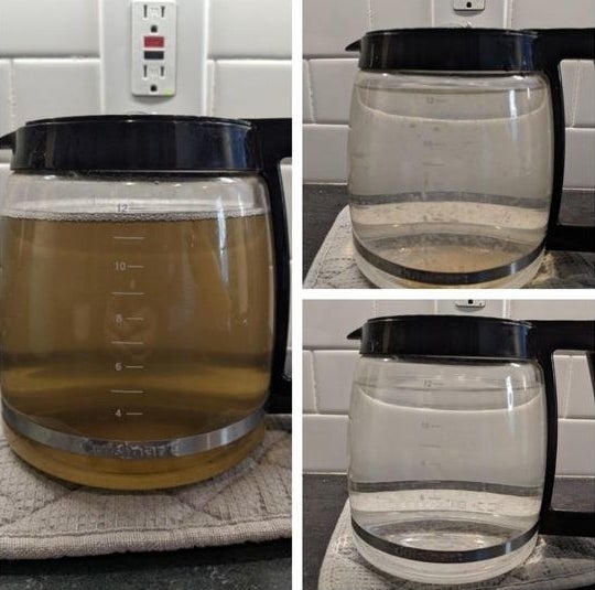 Reviewer&#x27;s picture of their coffee pot filled with dirty water and then totally clean