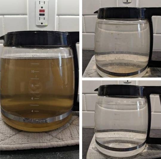 Reviewer collage showing before-and-after photos of coffee pot