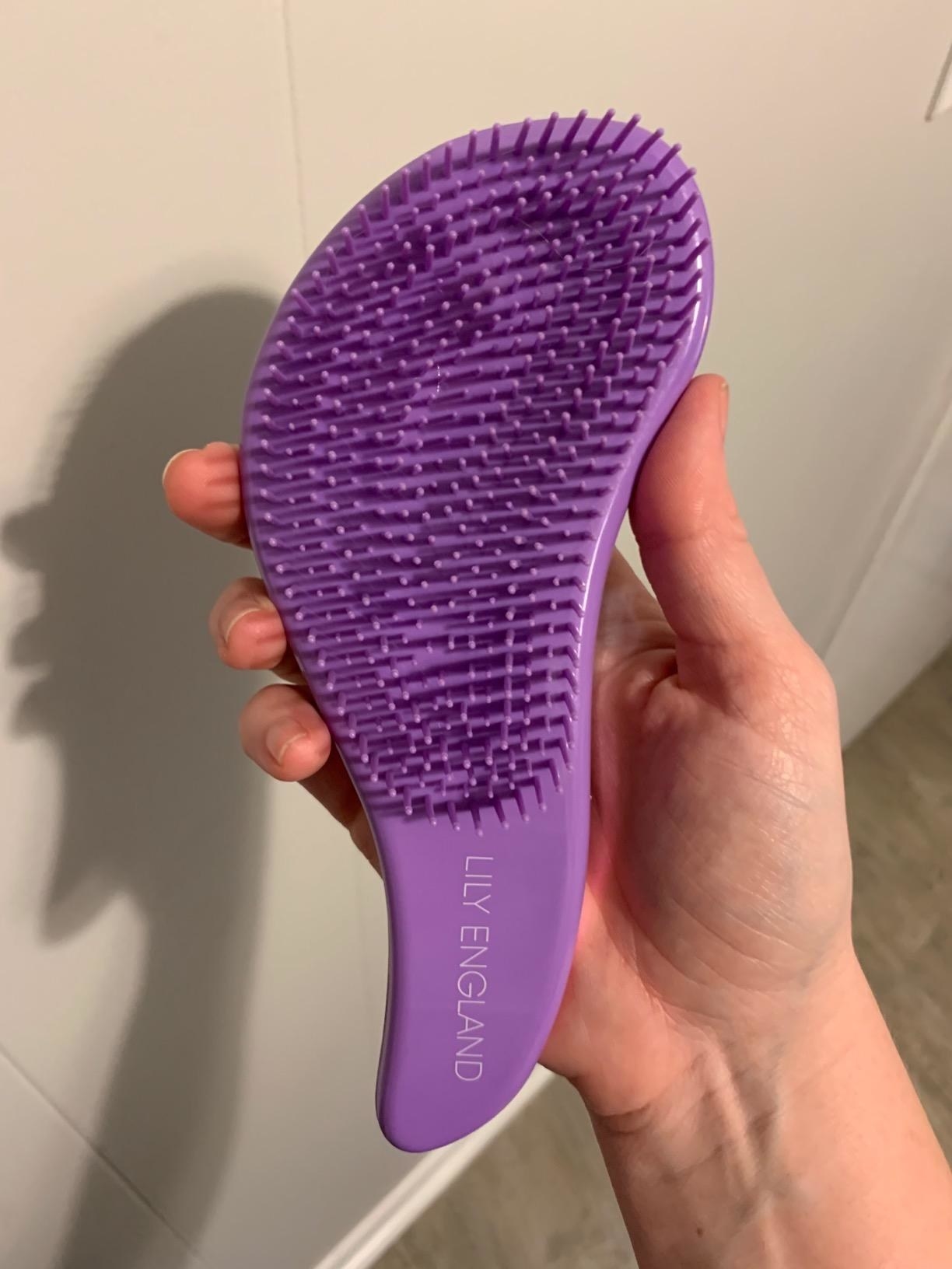 Reviewer holding the curved purple paddle brush