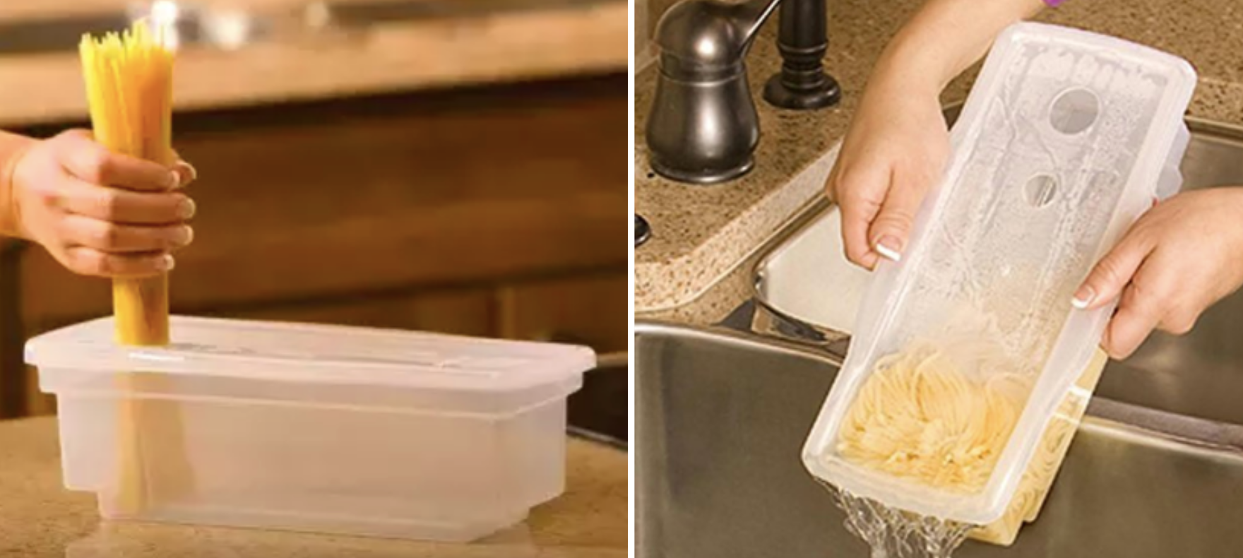A rectangular transparent holder for pasta with water in it getting set and strained out 
