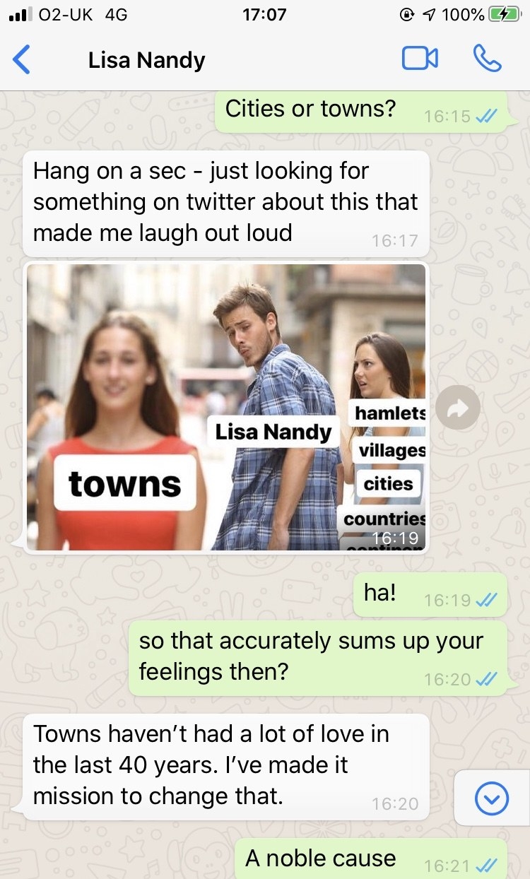 A WhatsApp conversation between Lisa Nandy and BuzzFeed News. It includes a Lisa Nandy version of the &quot;distracted boyfriend&quot; meme. 