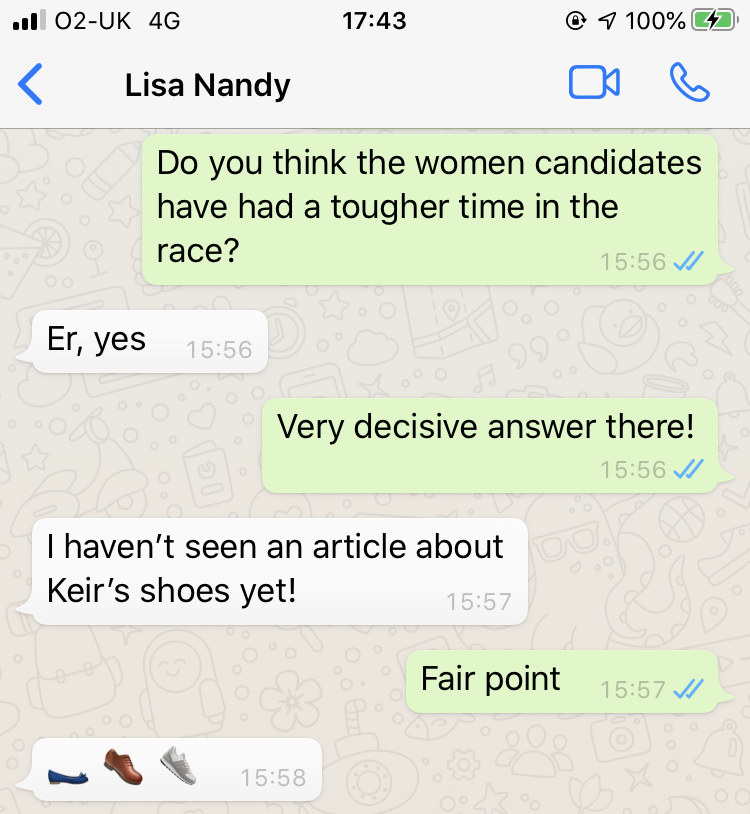 A WhatsApp conversation between Lisa Nandy and BuzzFeed News, includes three emojis with showing a range of shoes. 
