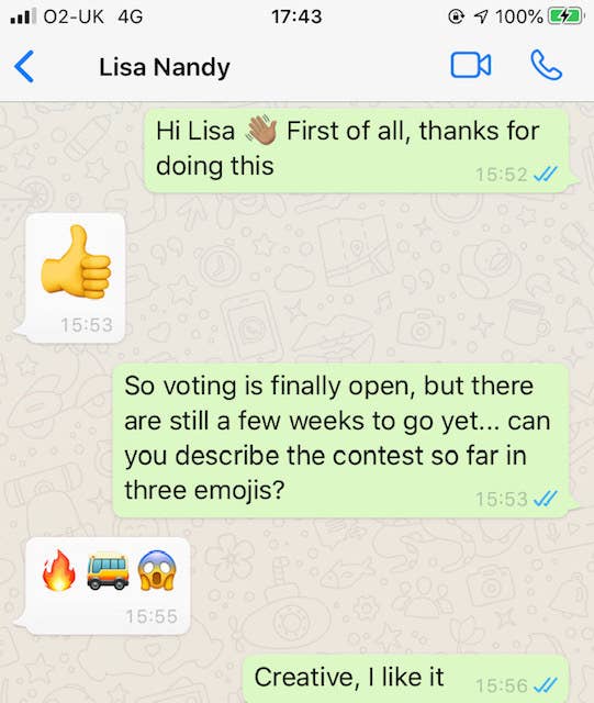 A WhatsApp conversation between Lisa Nandy and BuzzFeed News. The three emojis show a fire, a bus, and a screaming-face emoji. 