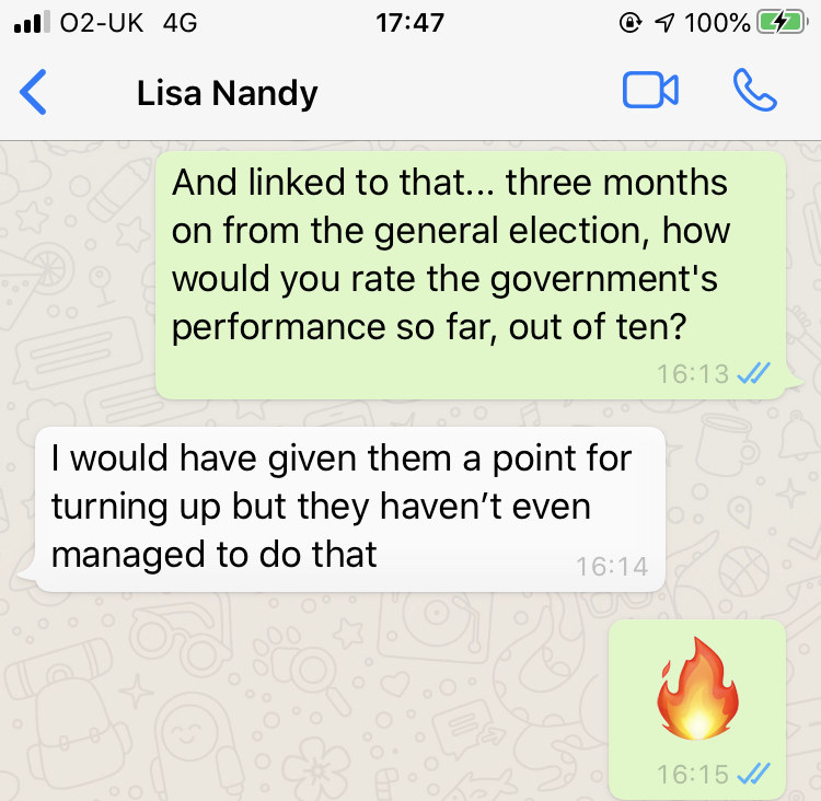 A WhatsApp conversation between Lisa Nandy and BuzzFeed News, includes a &quot;fire&quot; or &quot;burn&quot; emoji. 