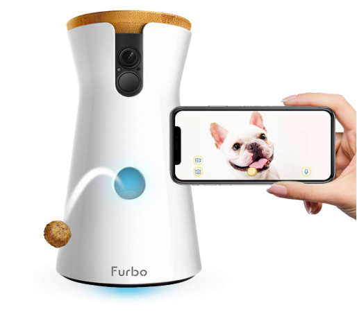 hand holds smartphone camera with dog on screen monitored by the Furbo Dog Camera