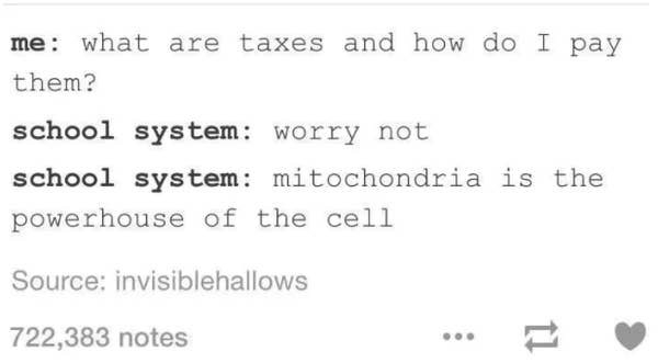 Tumblr post about how the only thing you learn in school is that the mitochondria is the powerhouse of the cell