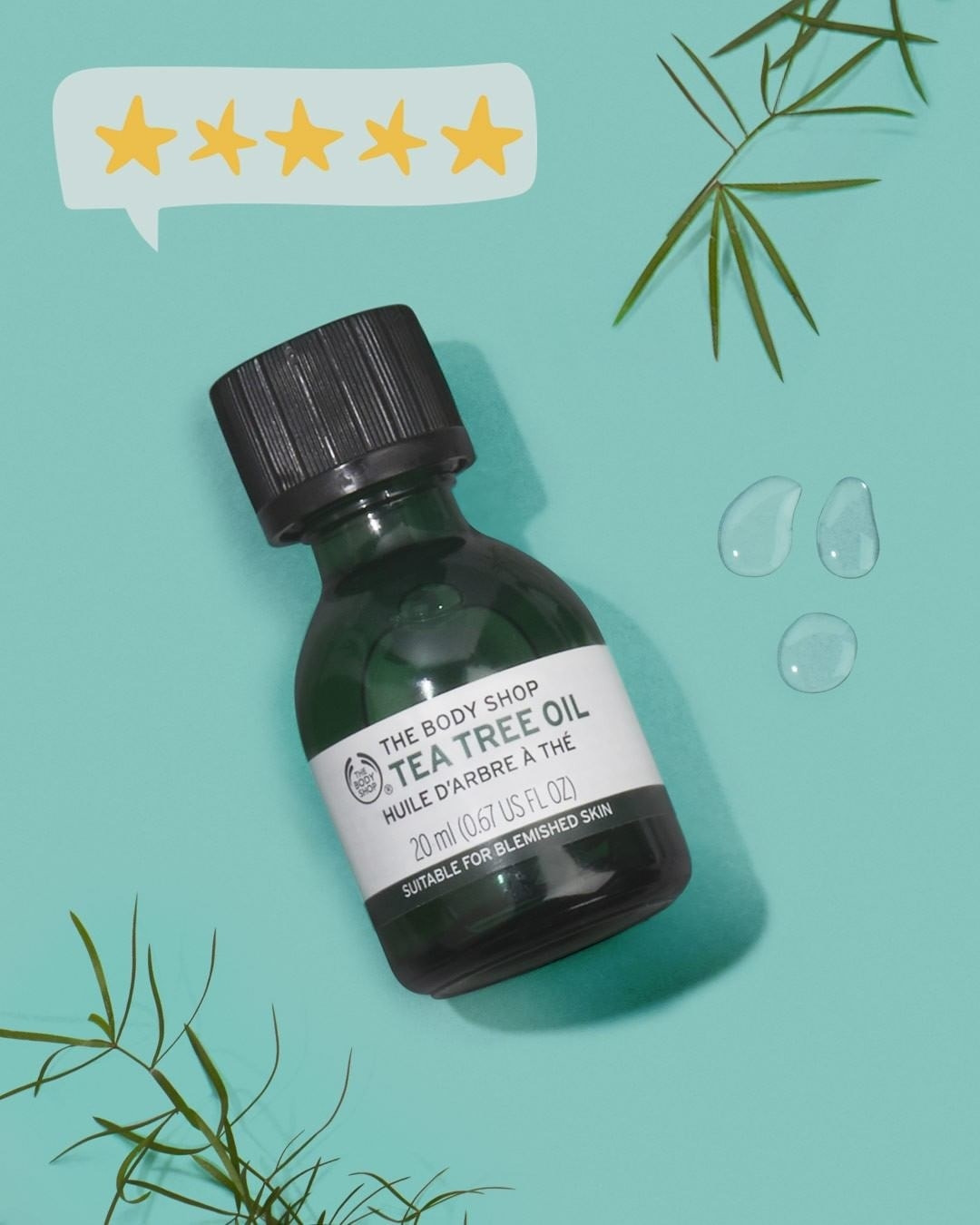 The tea tree oil with a speech bubble filled with stars
