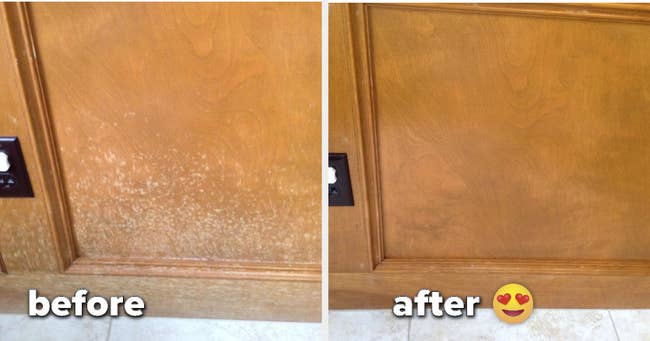 Reviewer image of stain damaged cabinet and after image of the wood polished and restored 