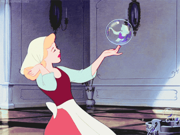 Cinderella admiring her reflection in a bubble