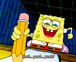 Spongebob Squarepants excitedly writing on paper with a pencil 