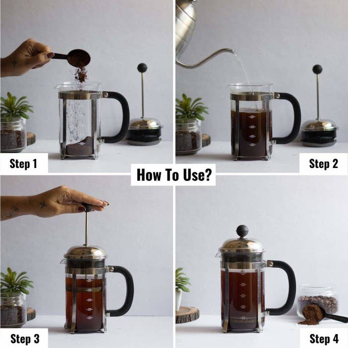 A four picture collage showing how to use the French press.