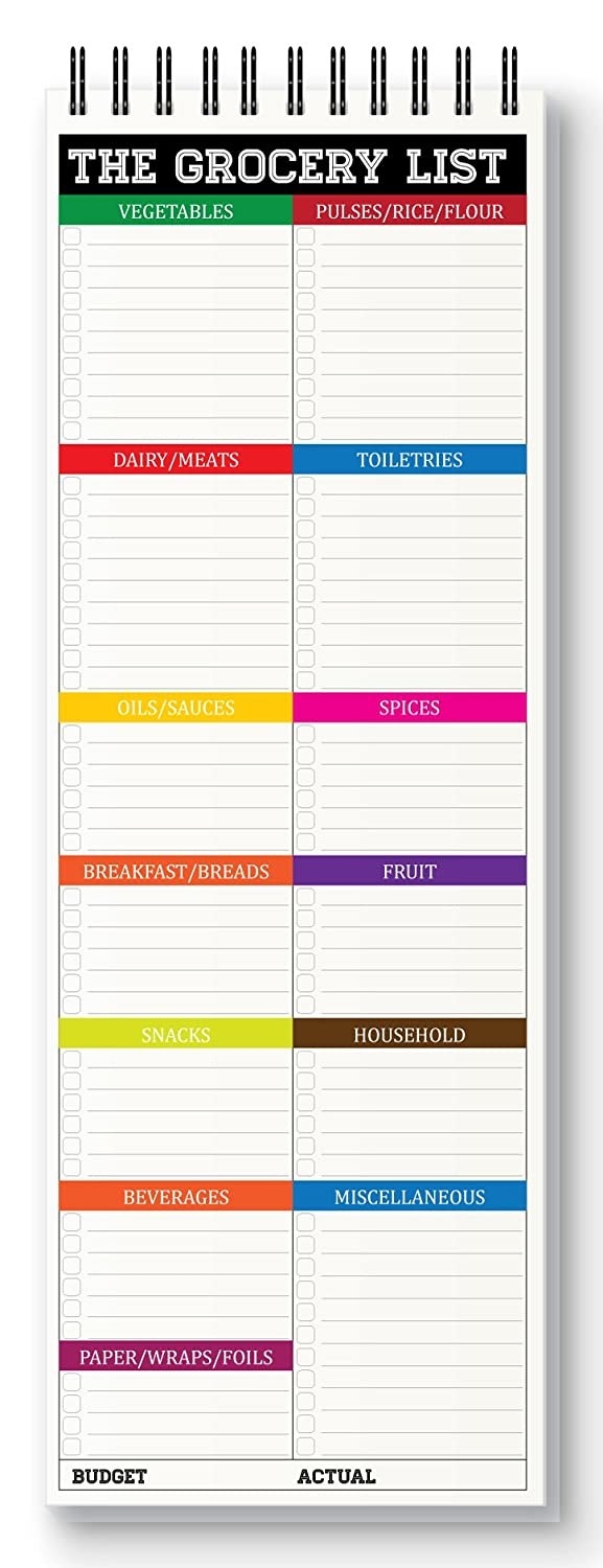 A grocery pad divided into various sections 