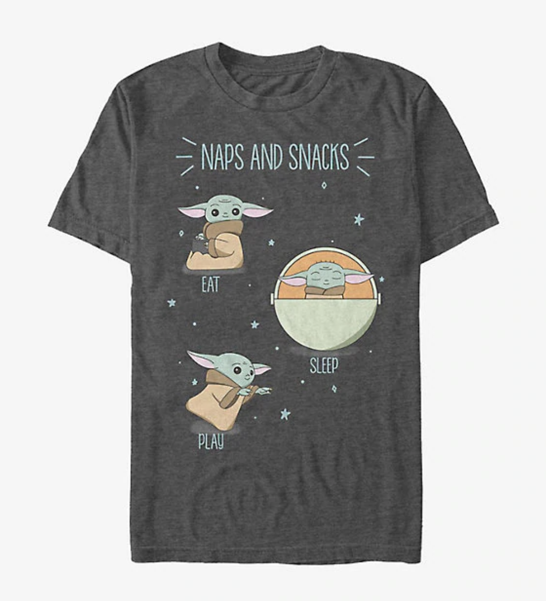 Baby Yoda illustrated tee that says &quot;naps and snacks, eat, sleep, play&quot; 