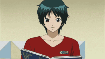 anime boy going through stages of shock as he flips through a book 