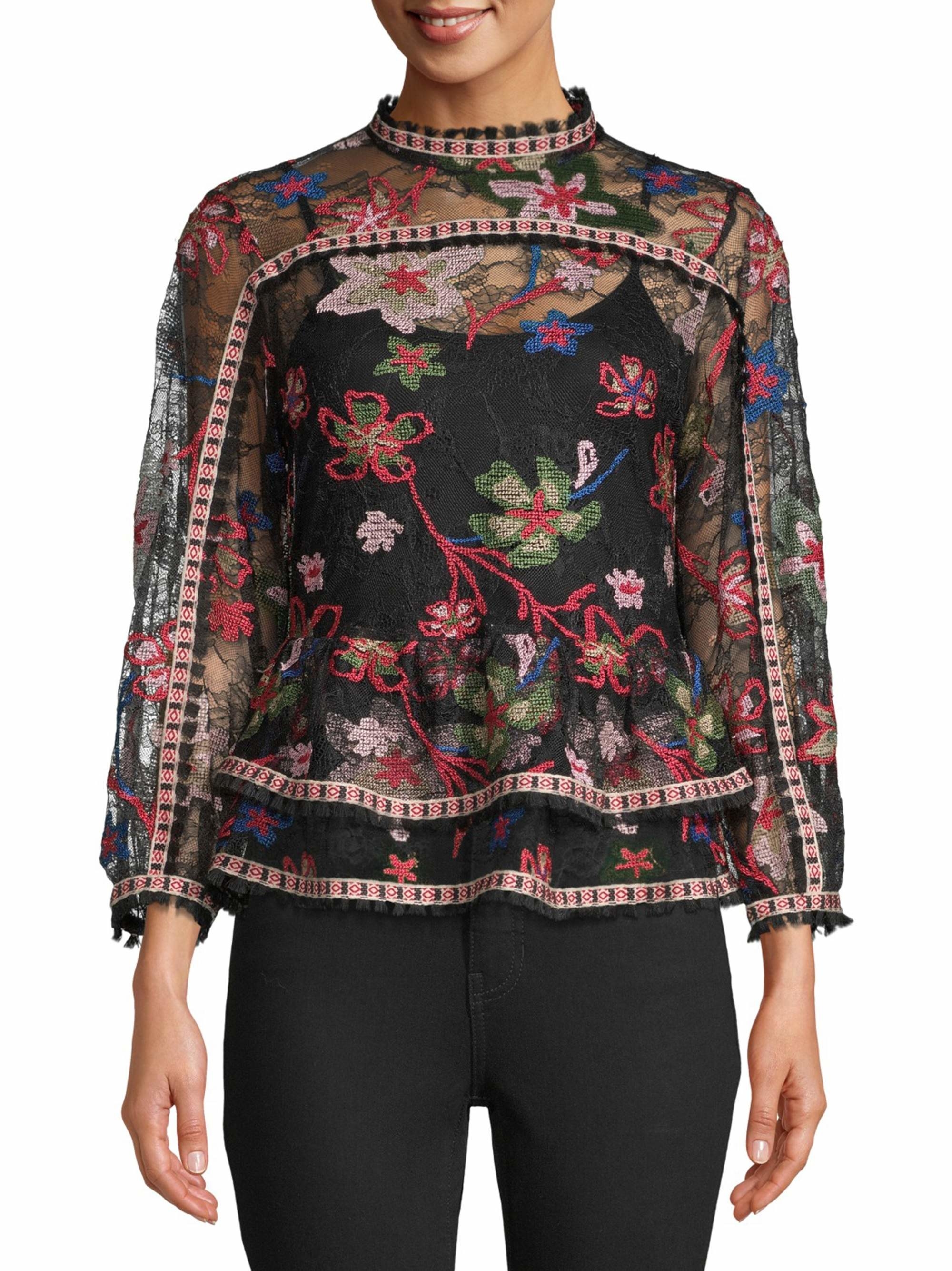 The embroidered semi sheer black and red top