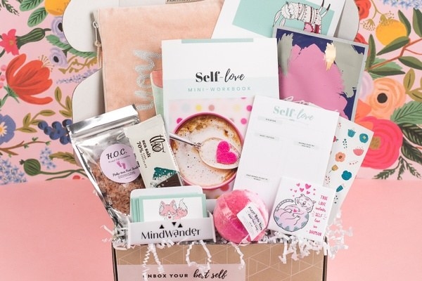 self-love cards, bath salts, tea, and activity cards 