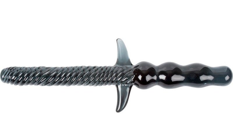the black sword dildo with a textured end on one side and bulbous shapes on the other