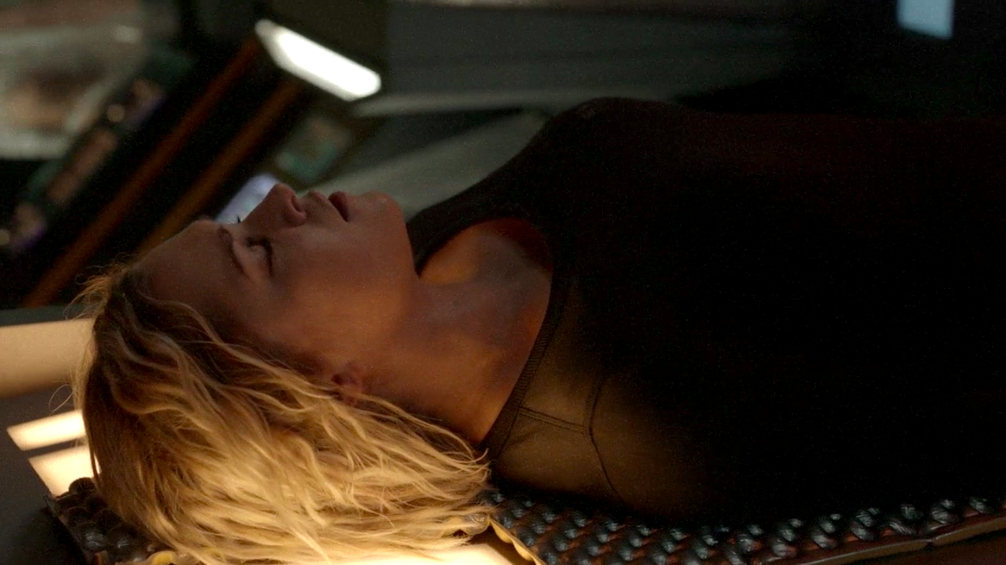Clarke lying down with mascara on