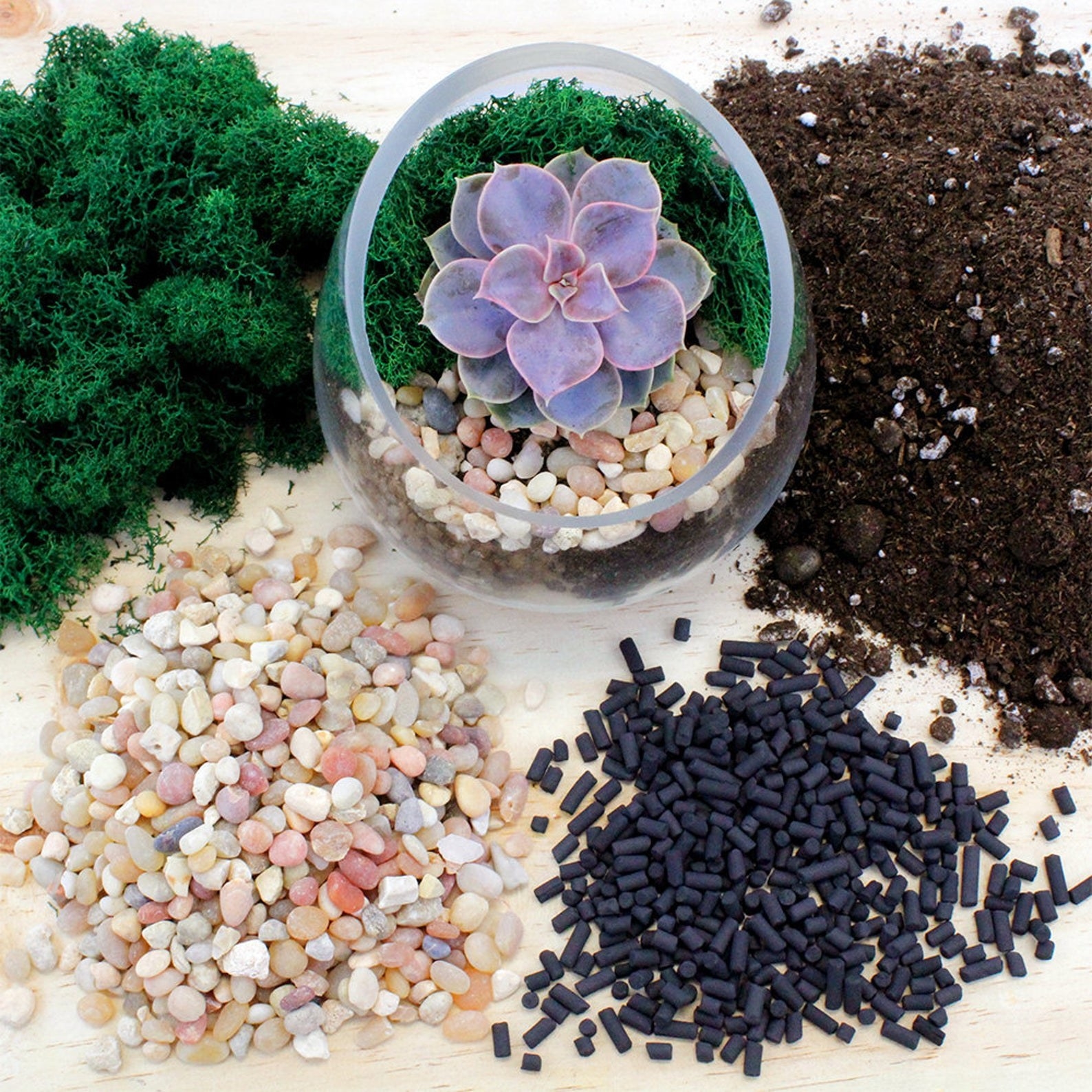 The contents laid out, including moss, soil, light rocks, and carbon