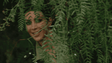 Kim Kardashian peeking out from behind a bush.