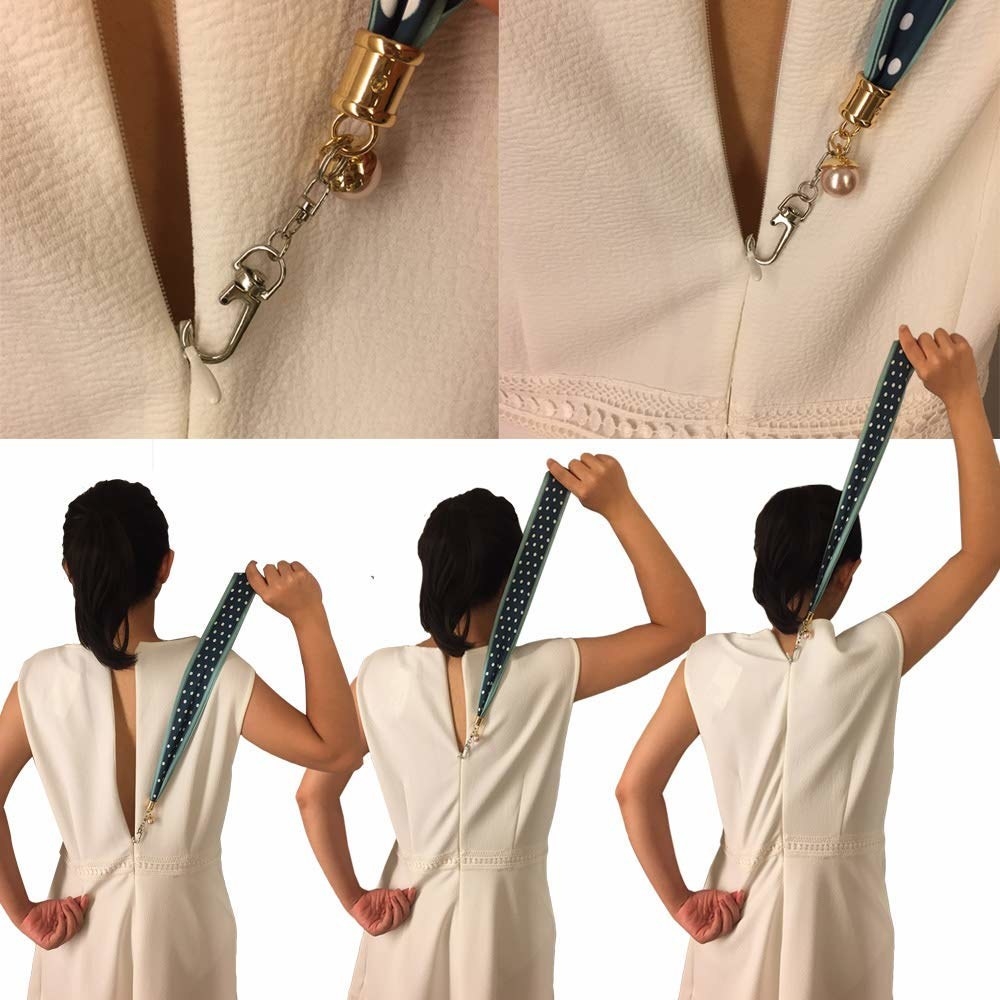 Step-by-step images of a person using the product to pull up the zipper on their dress.