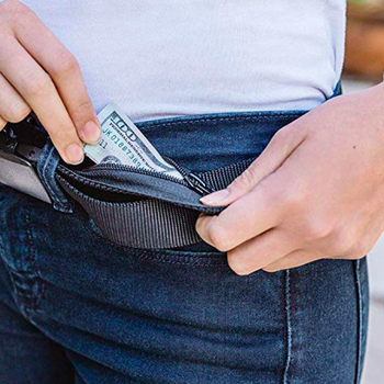 Model pulling cash from pocket of belt 